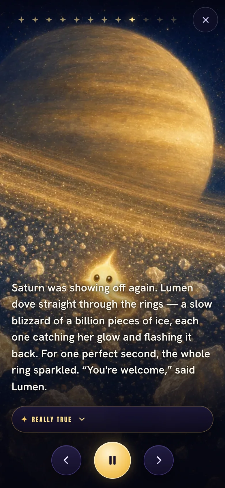 Storybook "Little Light" — a narrated bedtime page journeying past Saturn's rings