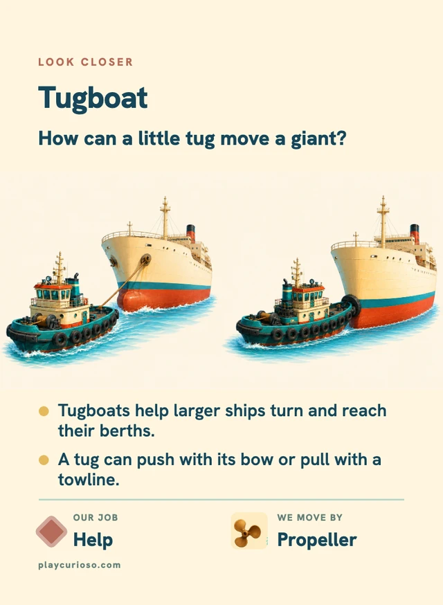Back of the Curioso Tugboat card explaining how a tug helps a large ship